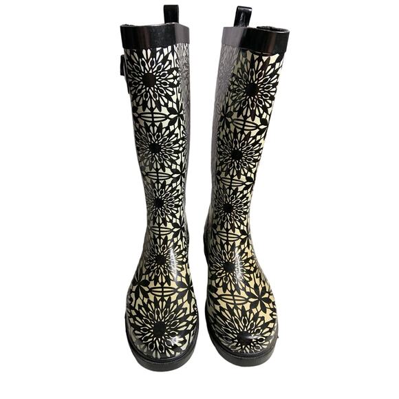 Capelli New York Women Sz 8 Tall Rain Boots Black White Floral Design Block Heel - Picture 5 of 12